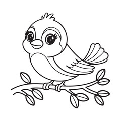 Cute Cartoon Bird Sitting on Branch - Black and White Line Art Vector
