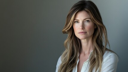 Fototapeta premium Elegant Portrait of a Confident Woman with Long Hair in Soft Natural Light