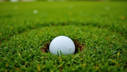 Fototapeta premium Golf ball on course green golfing event outdoor sports morning light close-up view for enthusiasts