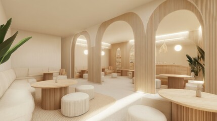 Minimalist caf with soft lighting, round wooden tables, and comfortable lounge chairs.