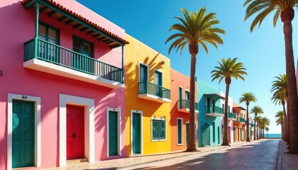 Bright colored houses line street in Puerto de la Cruz. Palm trees add tropical feel. Spanish colonial architecture. Touristic destination with vibrant buildings, blue sky for vacation rentals,