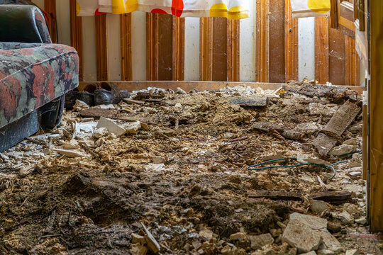 ruin inside abandoned old house in the countryside. elements of crumbling walls and falling apart ceiling.