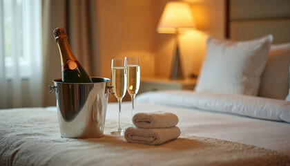 Luxurious hotel room service with champagne bottle in ice bucket and two glasses on bed. Holiday escape, vacation get-away, celebration, romantic indulgence, comfort, relaxation, and luxury lifestyle.