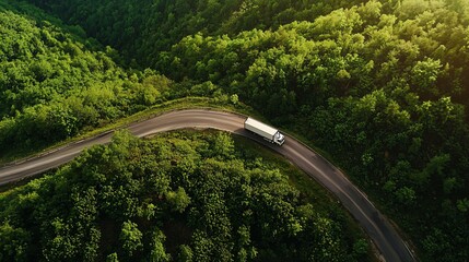 Fototapeta premium Heavy truck winding through a narrow mountain road, surrounded by lush forests, under dramatic natural light.