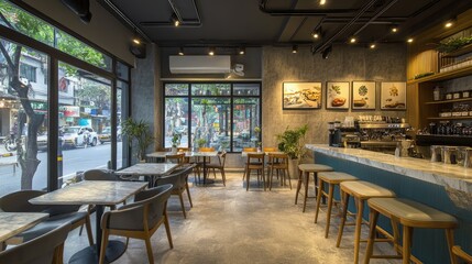Modern chic caf with marble-top tables, contemporary chairs, and a relaxed setting.