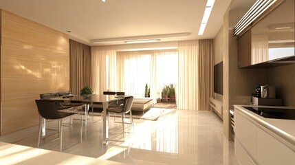 Modern open-plan apartment interior, bright and airy, featuring a kitchen, dining area, and living room, with large windows.