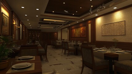 Modern dining hall with mirrors enhancing the richness of wooden textures and soft lighting.
