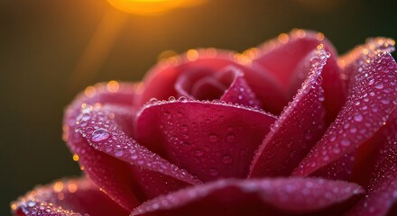 Close-up Rose with Water Droplets and Soft Sunlight, Romantic Concept
