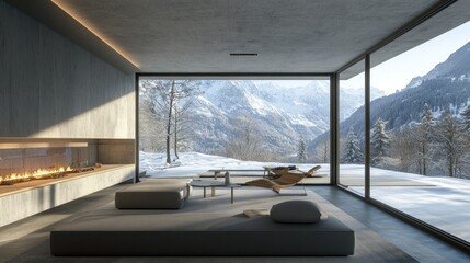 Modern concrete chalet with panoramic mountain views.  Large windows showcase snowy Alps, featuring a fireplace, lounge area, and outdoor patio.