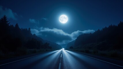 Fototapeta premium A moonlit road stretches into the distance, flanked by dark forests under a bright full moon and scattered clouds.