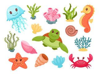 Cute cartoon sea life set. jellyfish, turtle, starfish, seahorse, crab, shells, coral, and seaweed. Cute aquatic vector illustrations.