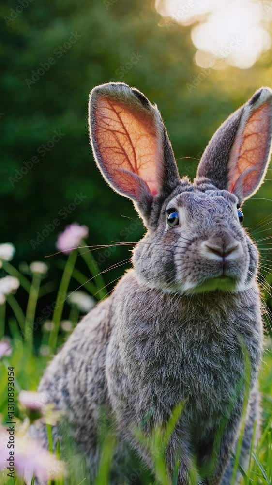 Poster close-up video still of a curious rabbit in a meadow, shot from a low angle. soft focus background w