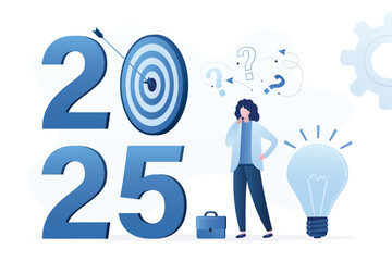 Next year business planning. Goals for 2025, concept. Businesswoman standing near idea and 2025 year and thinking future. Forecast, vision of future business development,