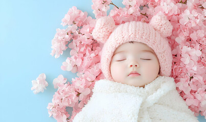 Adorable Baby Sleeping Peacefully Surrounded by Pink Flowers