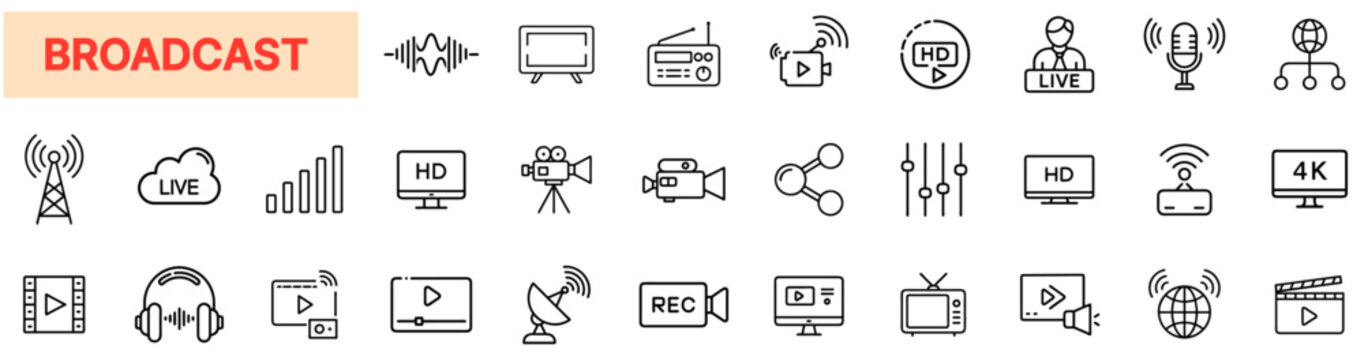 Broadcast & Media Streaming Icons &ndash; Live TV, Radio, Video, Audio
