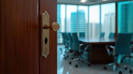 Obraz premium Modern Conference Room Door Handle with City View in Background