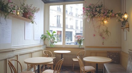 Fototapeta premium Parisian-style caf with vintage round tables, rattan chairs, and delicate floral decor.