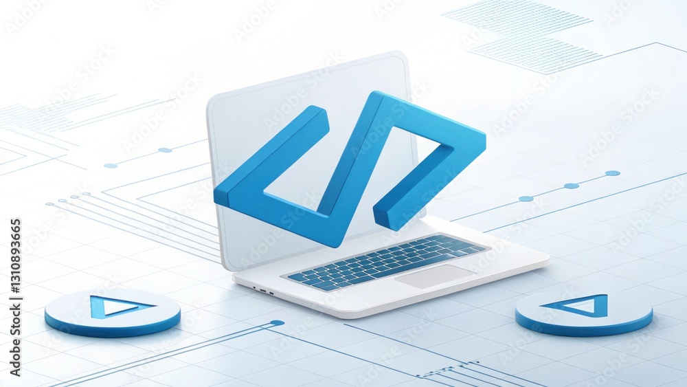 Poster code innovation: a laptop displaying a stylized code symbol surrounded by minimalist graphic element