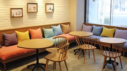 Fototapeta premium Small corner caf with low tables, fluffy cushions, and a relaxed ambiance.