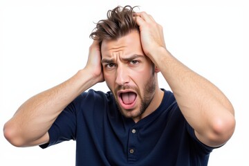 A Young Caucasian Male in His Late 20s Expressing Distress and Frustration with Hands on Head, Set Against a Clean White Background