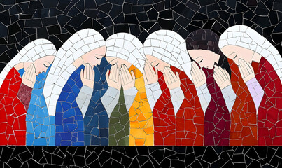 Emotional Expression in Mosaic Art with Women Covering Faces