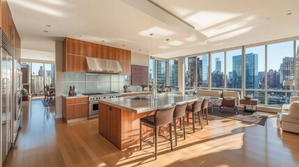 Stylish open kitchen with a mirror backsplash reflecting modern appliances and wood details.