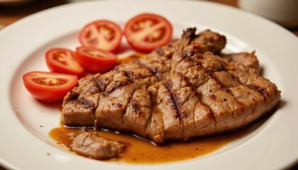Grilled tuna steak with fresh tomatoes restaurant food photography indoor dining close-up culinary delight