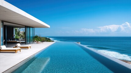 Fototapeta premium Serene coastal retreat with infinity pool merging with ocean vista and blue sky