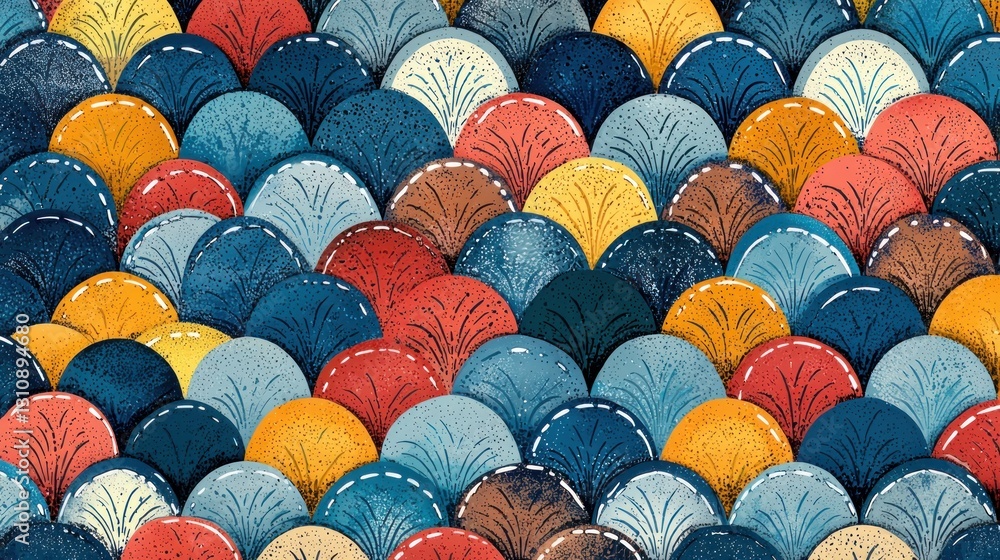 Poster abstract colorful scaled pattern: a vibrant and intricate design featuring overlapping semicircles i