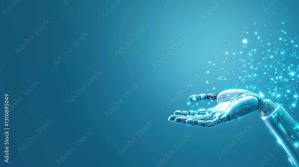 Poster robotic hand reaching for digital innovation and technological advancement futuristic concept of int