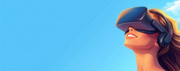 Smiling woman wearing virtual reality headset immersed in a captivating digital world showcasing the excitement and wonder of emerging VR technology and its potential for entertainment education