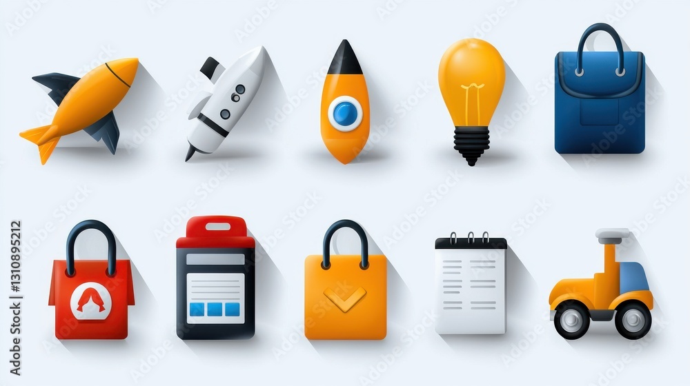 Poster rocket and various business icons and symbols depicting startup innovation technology finance market