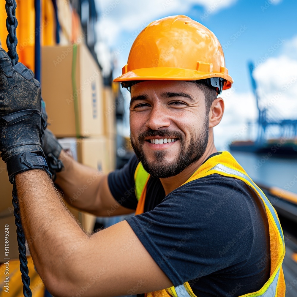 Poster smiling construction worker in hardhat and uniform standing on job site with and equipment concept o