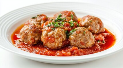Fototapeta premium Baked fluffy Meatballs in a rich tomato sauce into flying pan,Meatballs in ceramic bowl on table,tomato sauce,italian pasta,Spanish Albondigas,Meatball day,space for text.