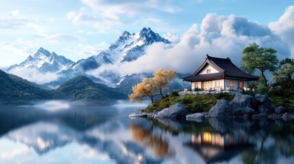 Fototapeta premium Serene Mountain Cabin Reflected in Tranquil Fjord Landscape Picturesque remote cabin nestled amidst snow capped peaks and mirrored in still waters of a scenic fjord