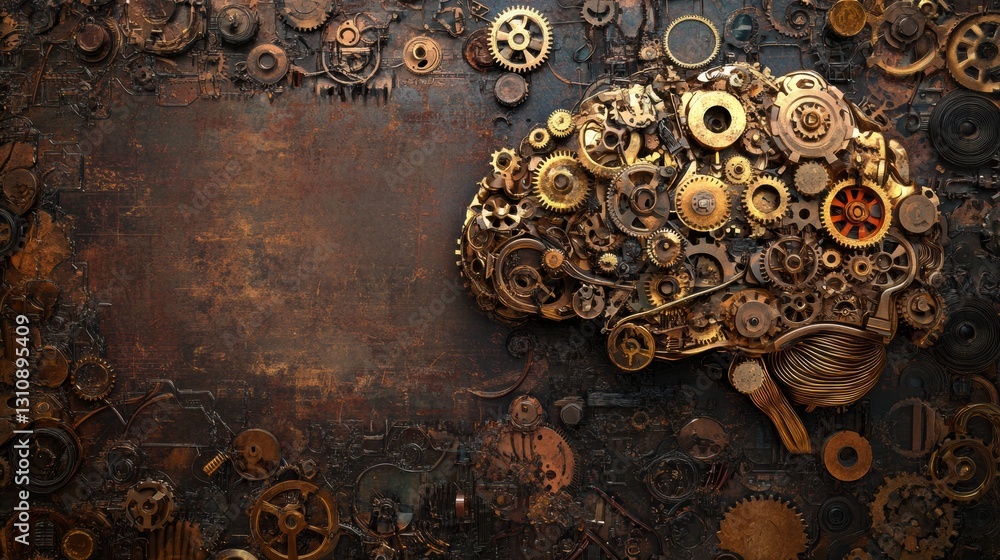Poster steampunk brain crafted with gears and mechanical elements in warm metallic tones for creative desig