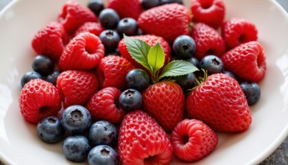 Fototapeta premium Fresh raspberries and blueberries kitchen table food photography natural light close-up healthy eating