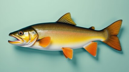Fototapeta premium A vibrant palomino trout with golden-yellow and orange hues on a light blue background.
