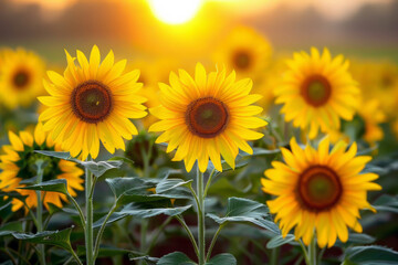 Obraz premium A field of vibrant yellow sunflowers bathed in warm golden sunlight, with the sun setting in the background. A stunning display of nature and summer beauty.