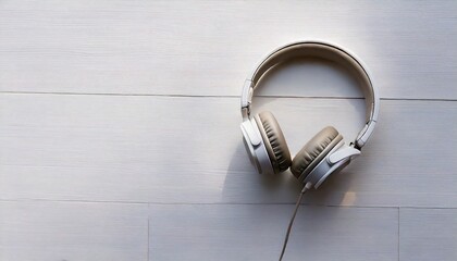 白いフローリングの上に置いた白いヘッドホン