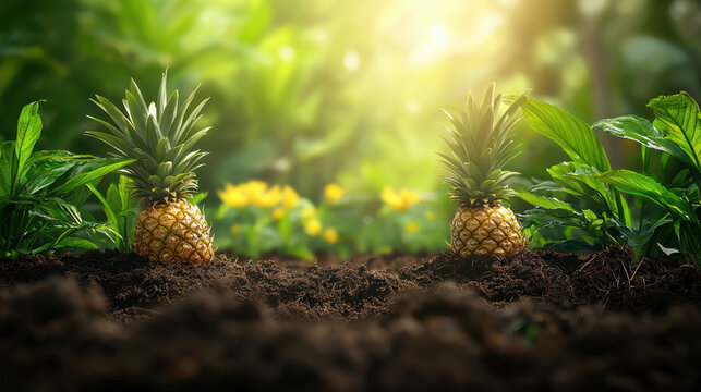 Two bright tropical pineapples nestled in the earth of a lush plantation surrounded by vibrant green foliage - Powered by Adobe
