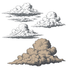 Cloud and cloudiness vintage sketches. Vector hand drawn sky of ancient engraved fluffy clouds, antique map elements - obrazy, fototapety, plakaty