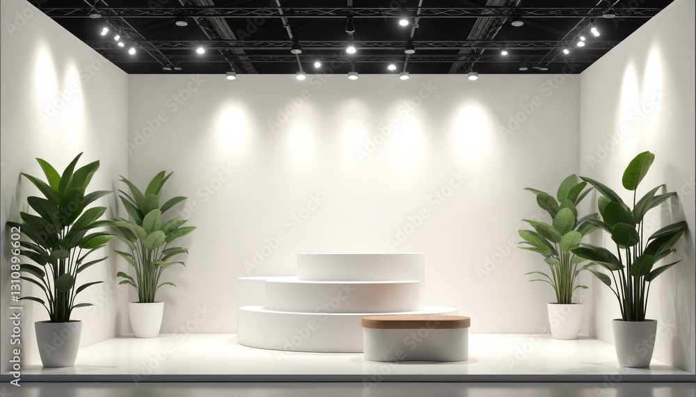 Aufkleber white 3d stand booth with plants for trade display design. exhibition event for presentation on podi