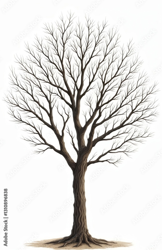 Poster Illustration of leafless tree with detailed trunk, branches on transparent background. Tree art for winter season design. Isolated tree element for architectural visualization, montage. Use plant for