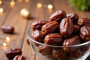 A Close-Up View of Fresh, Juicy Medjool Dates Piled in a Glass Bowl on a Wooden Table with Warm, Ambient Lighting for a Cozy, Culinary Experience