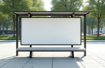 Advertising blank billboard template stands at bus stop on city street with seat, park trees. Modern urban commercial mockup panel for marketing, campaign information and public service promotion.