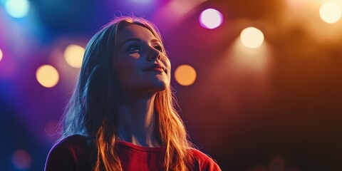 Young Woman Enjoying a Concert Under Colorful Stage Lights