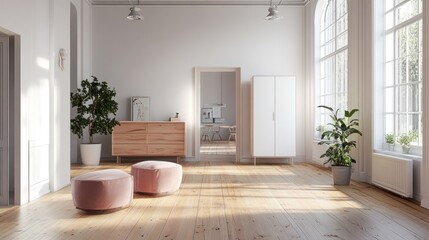 Sunny apartment, hardwood floor, plants, minimalist design