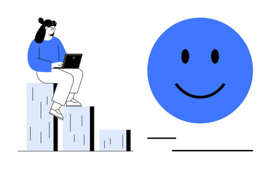 Woman working on laptop while sitting on rising bar chart, next to a cheerful blue happy face. Ideal for success, growth, positivity, happiness, collaboration, achievement motivation. Flat simple