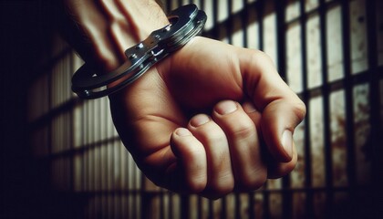 Arrest action in prison environment handcuffed individual dramatic lighting close-up view